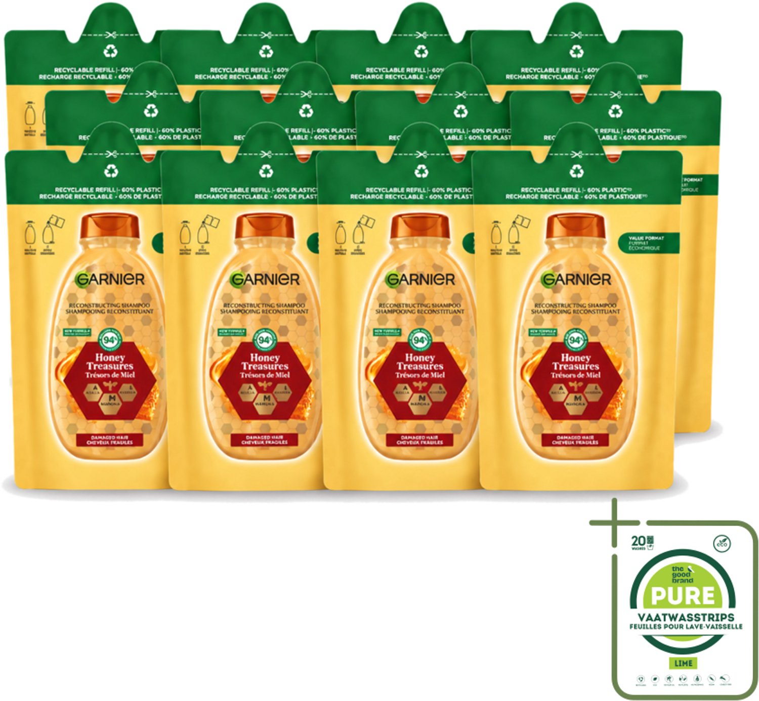12 x Garnier - Loving Blends - Shampoo Refill - Honing Goud - Beschadigd & Breekbaar Haar - 250 ml - Grootverpakking - Vaatwasstrips - Honing Shampoo - Haar Herstellen - Haarbreuk Verminderen - Gespleten Punten - Haarscheuren