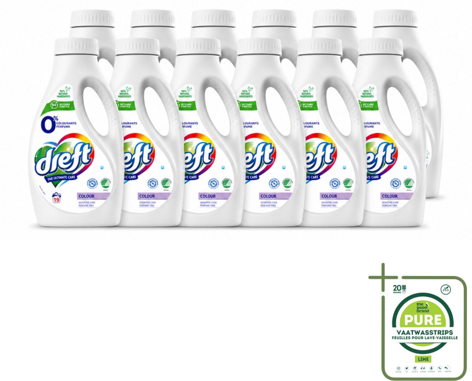 12 x Dreft - Vloeibaar Wasmiddel - 0% Gekleurde Was - Hypoallergeen - 19 Wasbeurten - Grootverpakking - Vaatwasstrips - 0% Parfum - Gevoelige Huid - Gekleurde Was - Natuurlijke Wasmiddel - Zachte Was