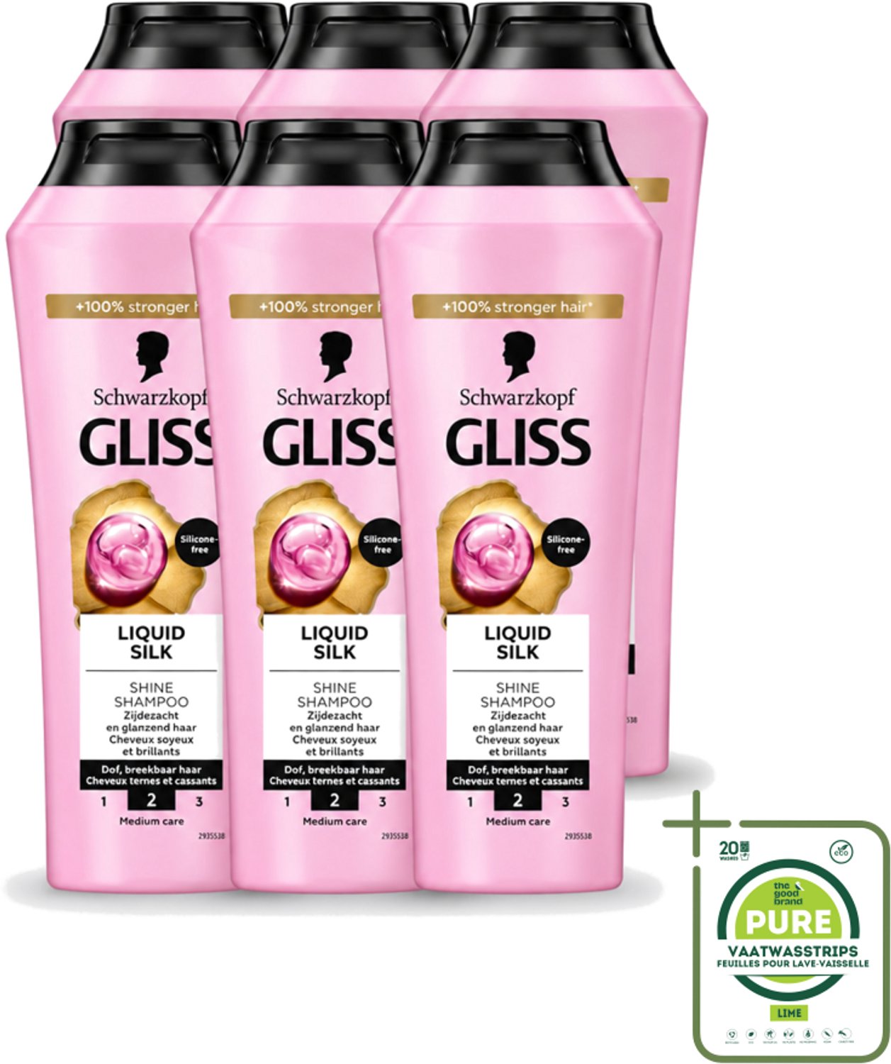 6 x Gliss - Shampoo - Liquid Silk - Voor Glanzend en Zijdezacht Haar - 250 ml - Grootverpakking - Vaatwasstrips - Glans Haar - Zijdezacht Haar - Glanzend Haar - Siliconenvrije Shampoo - Natuurlijke Shampoo