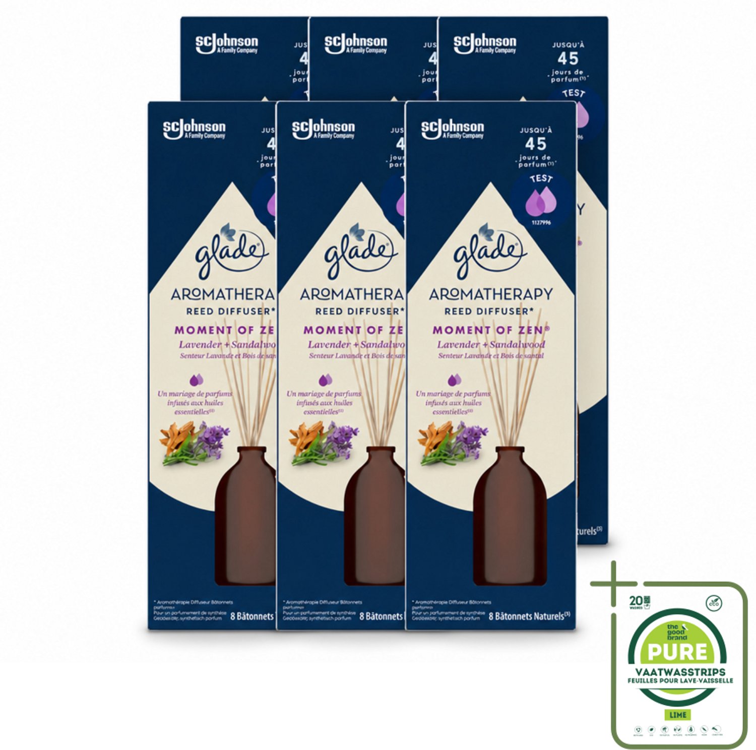 6 x Glade - Geurstokjes Moment van Zen - Aromatherapie Geurverspreiding - 80 ml - Grootverpakking - Vaatwasstrips - Geurstokjes - Aromatherapie - Rust - Ontspanning - Lavendel