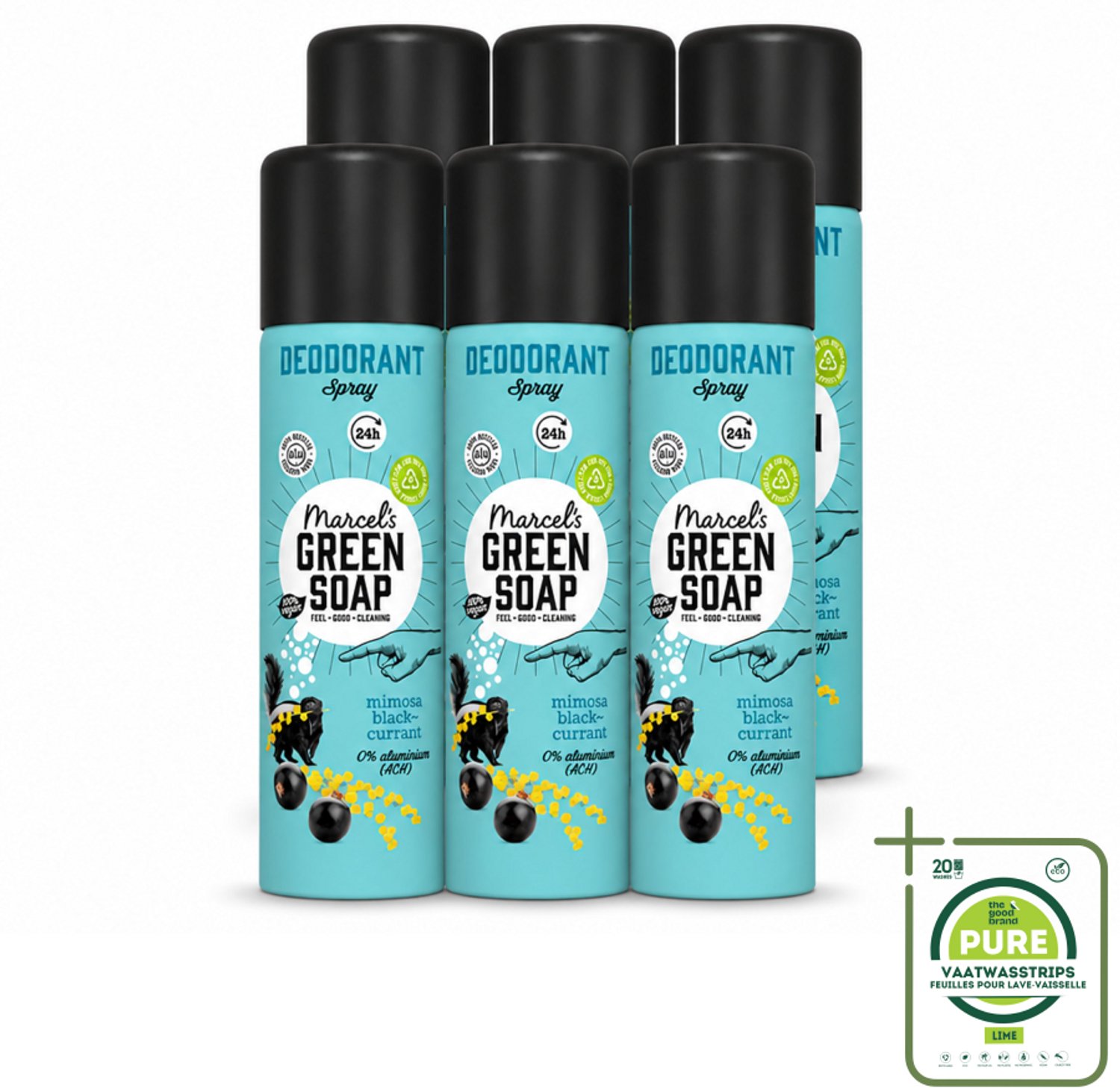 6 x Marcel's Green Soap - Deodorant Spray - Mimosa & Blackcurrant - Langdurige frisheid - 150 ml - Grootverpakking - Vaatwasstrips - Deodorant Spray - Geur - Frisheid - Geurcombinatie - Zachte Geur