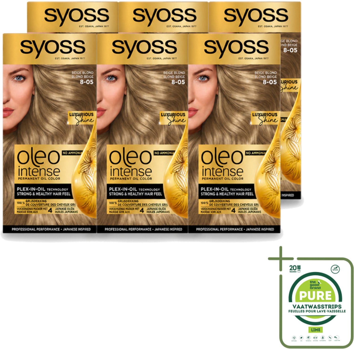 6 x SYOSS - Oleo Intense 8-05 Beige Blond - Haarverf - Zonder Ammoniak - Grijsdekking - Langdurige Kleur - Grootverpakking - Vaatwasstrips - Haarkleuring - Haarkleur - Haarverzorging - Olieformule - Grijsdekking