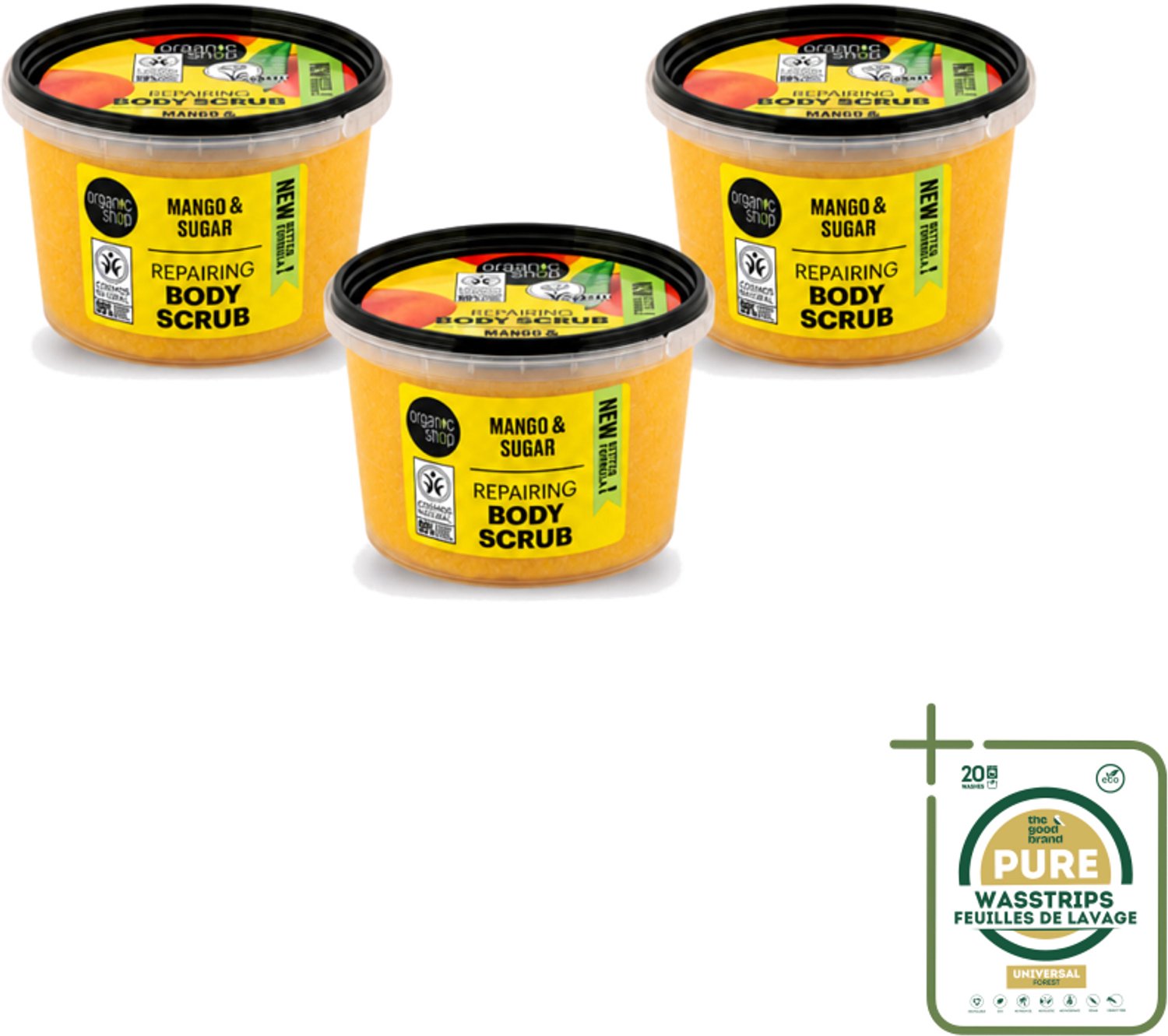 3 x Organic Shop - Organic Mango & Sugar Body Scrub - Peeling en Geur - 250 ml - Wasstrips - Organische Mango Scrub - Exfoliatie Huid - Suikerscrub - Huidvernieuwing - Biologische Mango