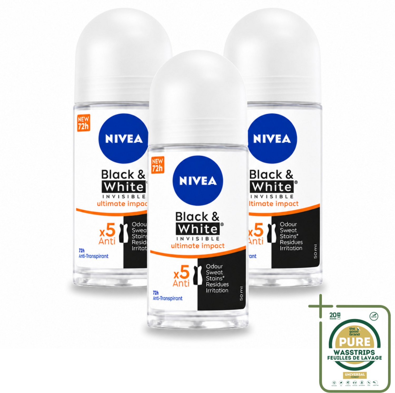 3 x NIVEA - Deodorant Roller - Zwart & Wit Ultieme Impact - 72 Uur Anti-Transpirant - 50 ml - Deodorant Roller - Anti-Transpirant - Anti-Vlek - Witte Strepen - Gele Vlekken