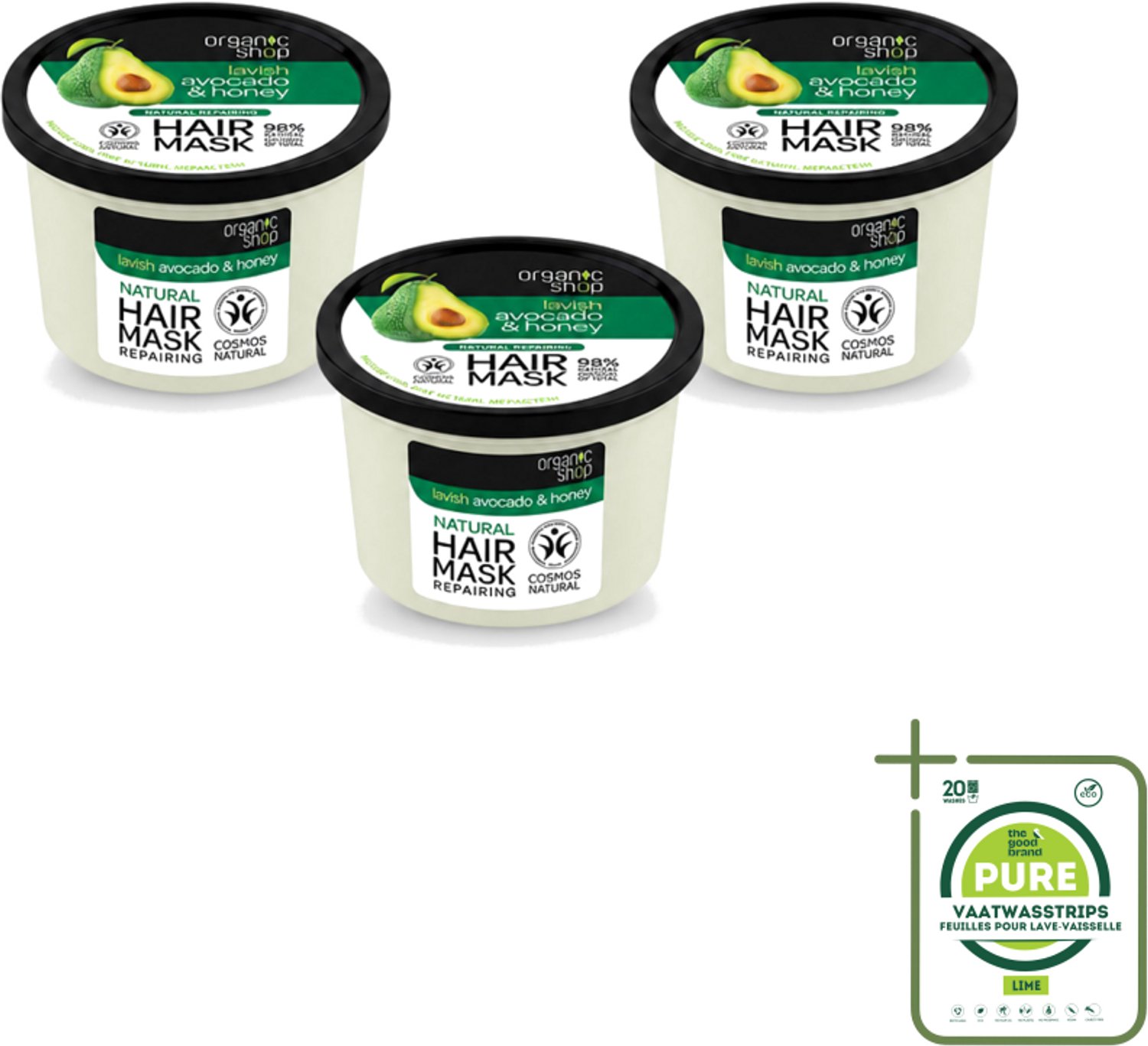 3 x Organic Shop - Haarmasker Avocado & Honey - Hydraterend en Verzachtend - 250 ml - Grootverpakking - Vaatwasstrips - Haarmasker Avocado En Honing - Natuurlijk Haarmasker - Herstel Haartype - Droog Haar Herstellen - Pluis Verminderen