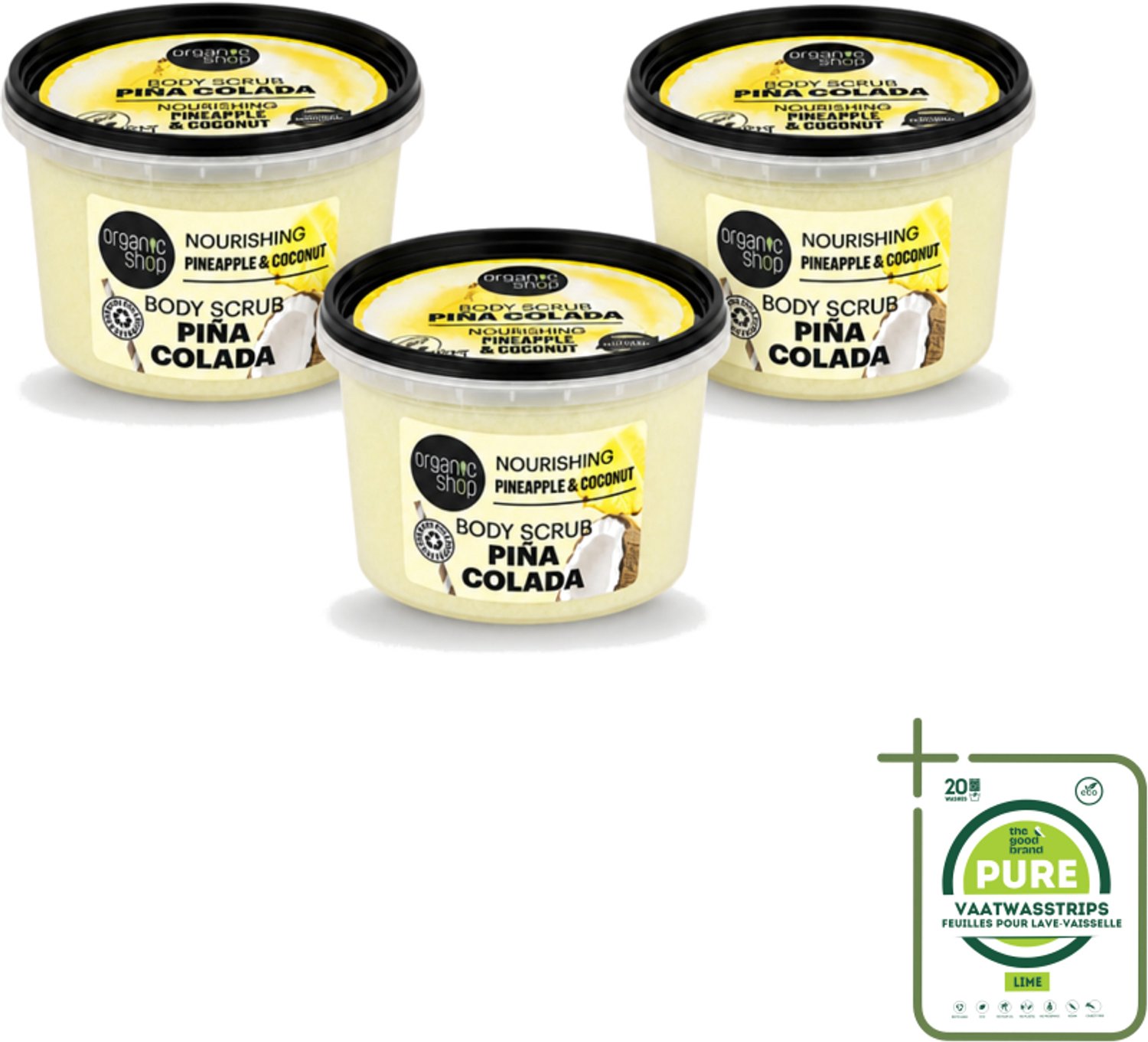 3 x Organic Shop - Body Scrub Pineapple & Coconut - Verfrissend en Voedend - 250 ml - Grootverpakking - Vaatwasstrips - Bodyscrub - Exfoliatie - Huidverzorging - Tropisch Aroma - Ananas