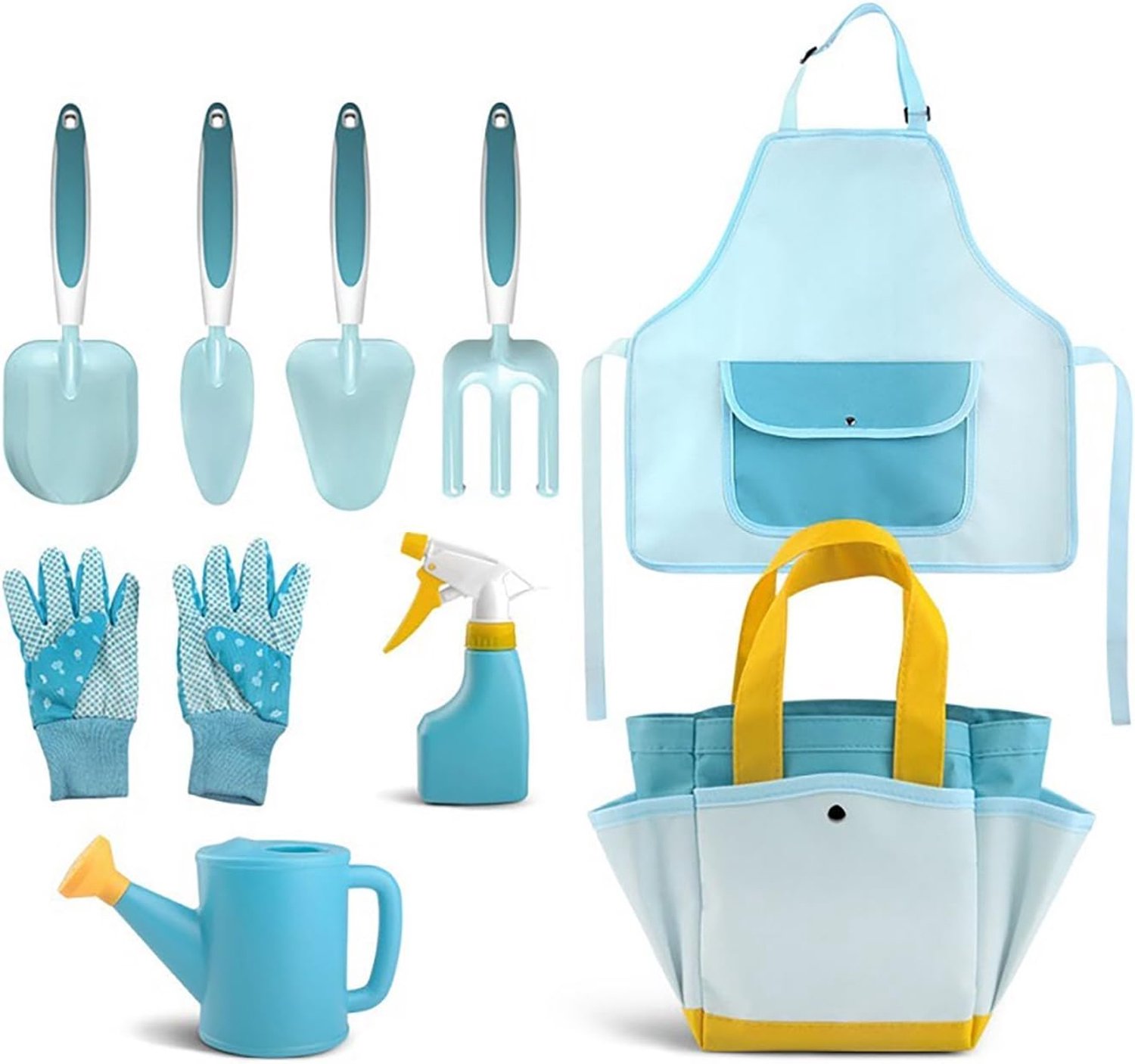 Tuingereedschapsset voor kinderen, doe-het-zelf speelgoed, tuinieren, uitrusting, kinderen, veilige schep, hark, troffel sprayer, handschoenen, schort, gieter, draagtas, 9 stuks