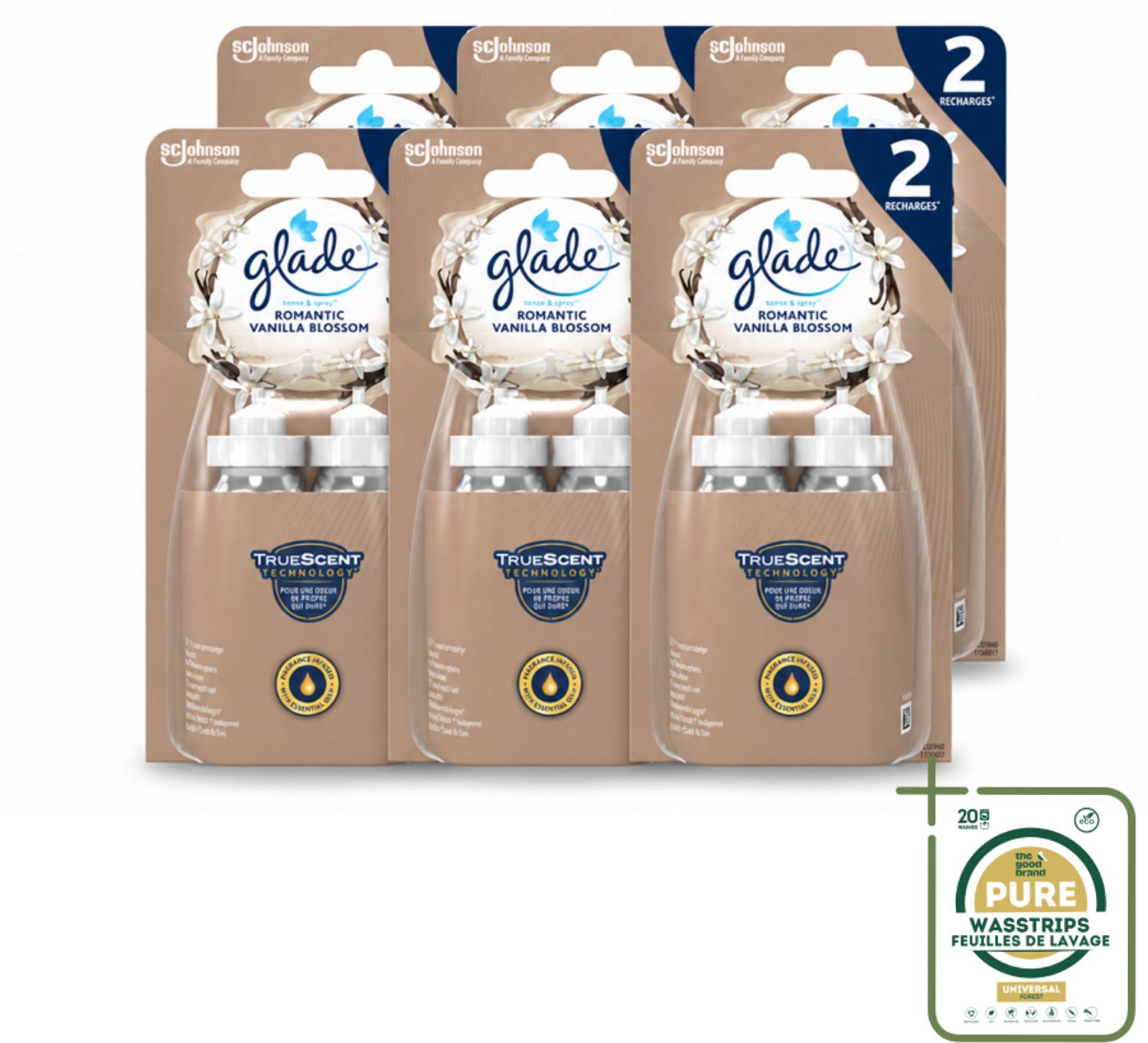 6 x Glade - Sense & Spray - Romantic Vanillebloesem - 2 × 18 ml - Wasstrips - Romantische Geur - Luchtverfrisser - Geurverspreider - Automatische Geur - Essentiële Oliën