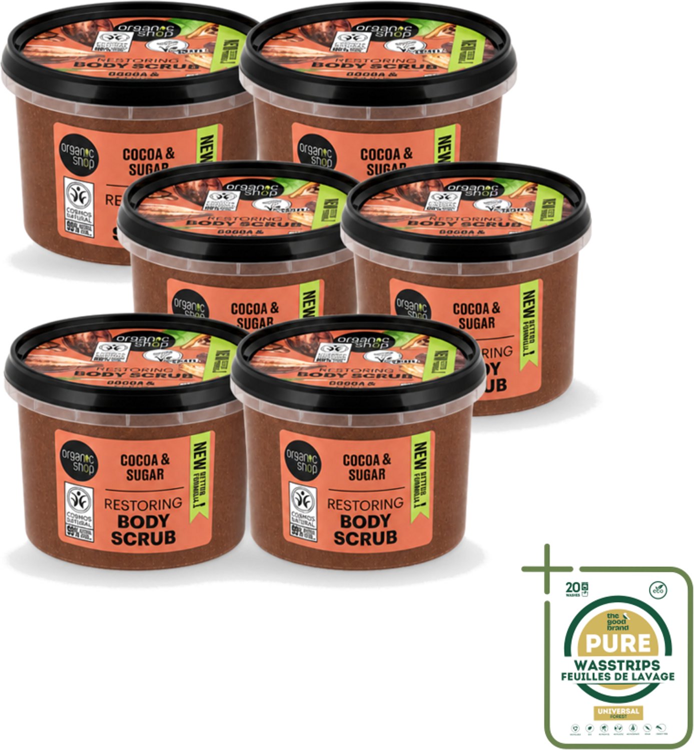 6 x Organic Shop - Body Scrub Cocoa - Rijke Hydratatie - 250 ml - Wasstrips - Bodyscrub - Exfoliatie - Huidverzorging - Cacaoscrub - Natuurlijke Scrub