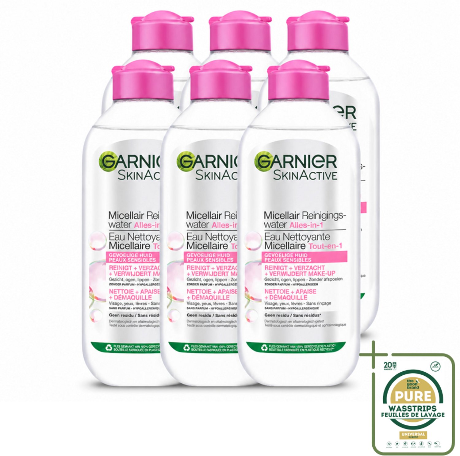 6 x Garnier - SkinActive - Micellair Reinigingswater - Gevoelige Huid - Milde Reiniging & Make-Up Remover - 400 ml - Wasstrips - Gevoelige Huid - Micellair Reinigen - Make-up Verwijderen - Milde Reiniging - Gezicht Reinigen