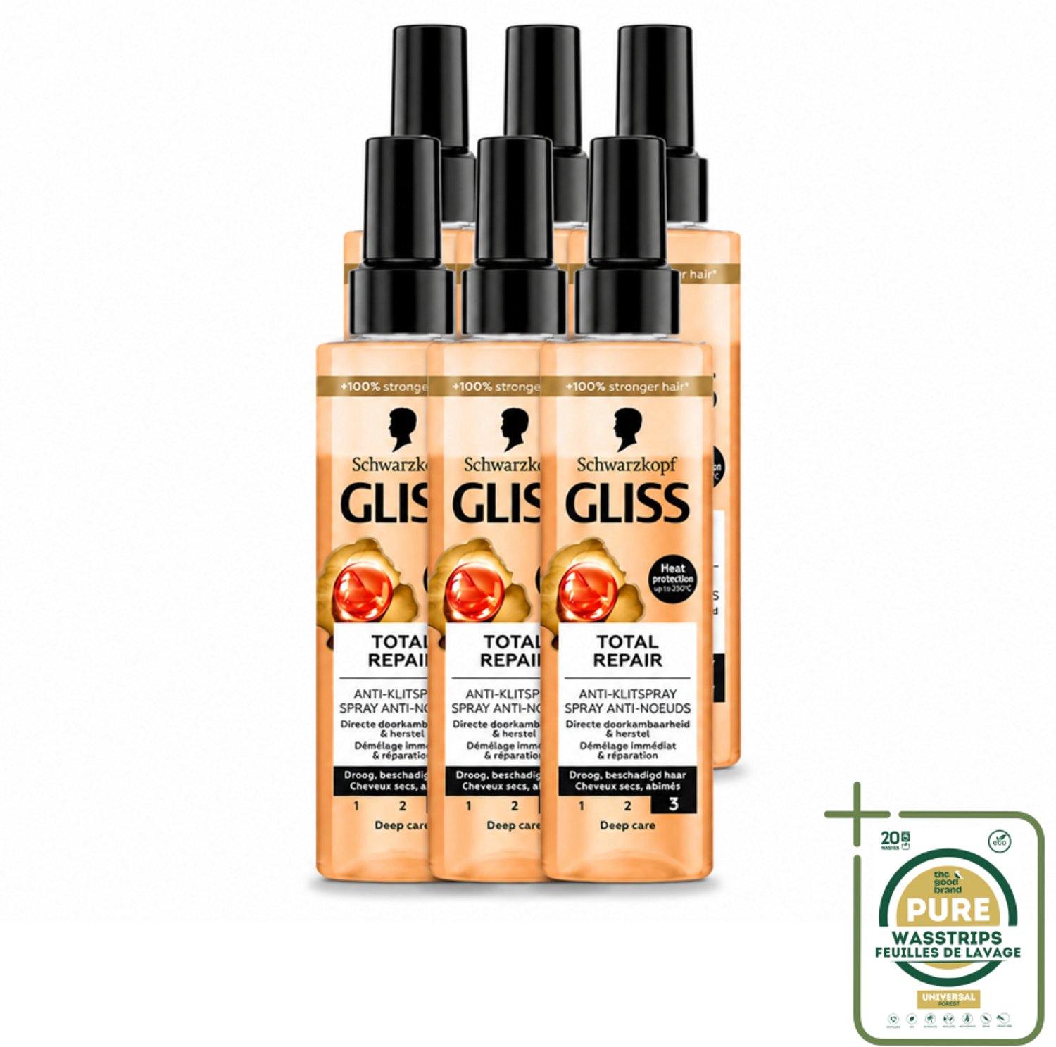6 x Gliss - Total Repair Anti-Klit Spray - Voor Beschadigd en Droog Haar - 200 ml - Wasstrips - Haarspray - Haarherstel - Klitten - Hittebescherming - Droog Haar