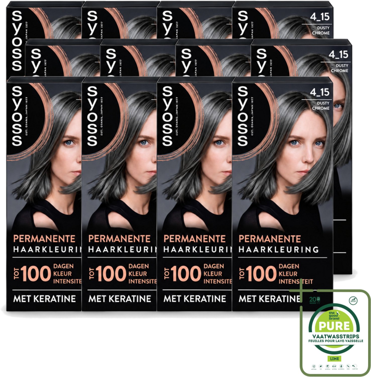 12 x SYOSS - Coloration 4-15 Dusty Chrome - Haarverf - Grijsdekking - Vermindert Haarbreuk - Grootverpakking - Vaatwasstrips - Haarkleuring - Permanente Haarkleuring - Diepblond - Grijsdekking - Keratine