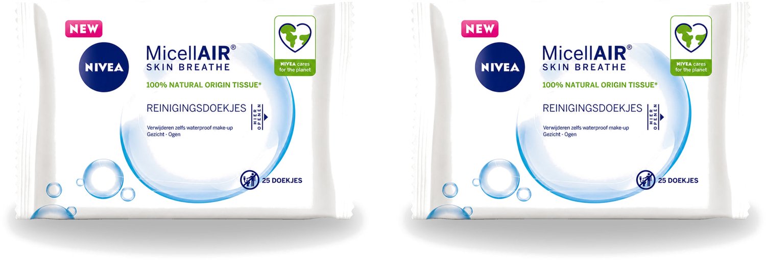 2 x NIVEA - Reinigingsdoekjes - 3-in-1 Micellaire Doekjes - Verwijdert Waterbestendige Make-up - 25 Doekjes - Voordeelverpakking - 2 stuks