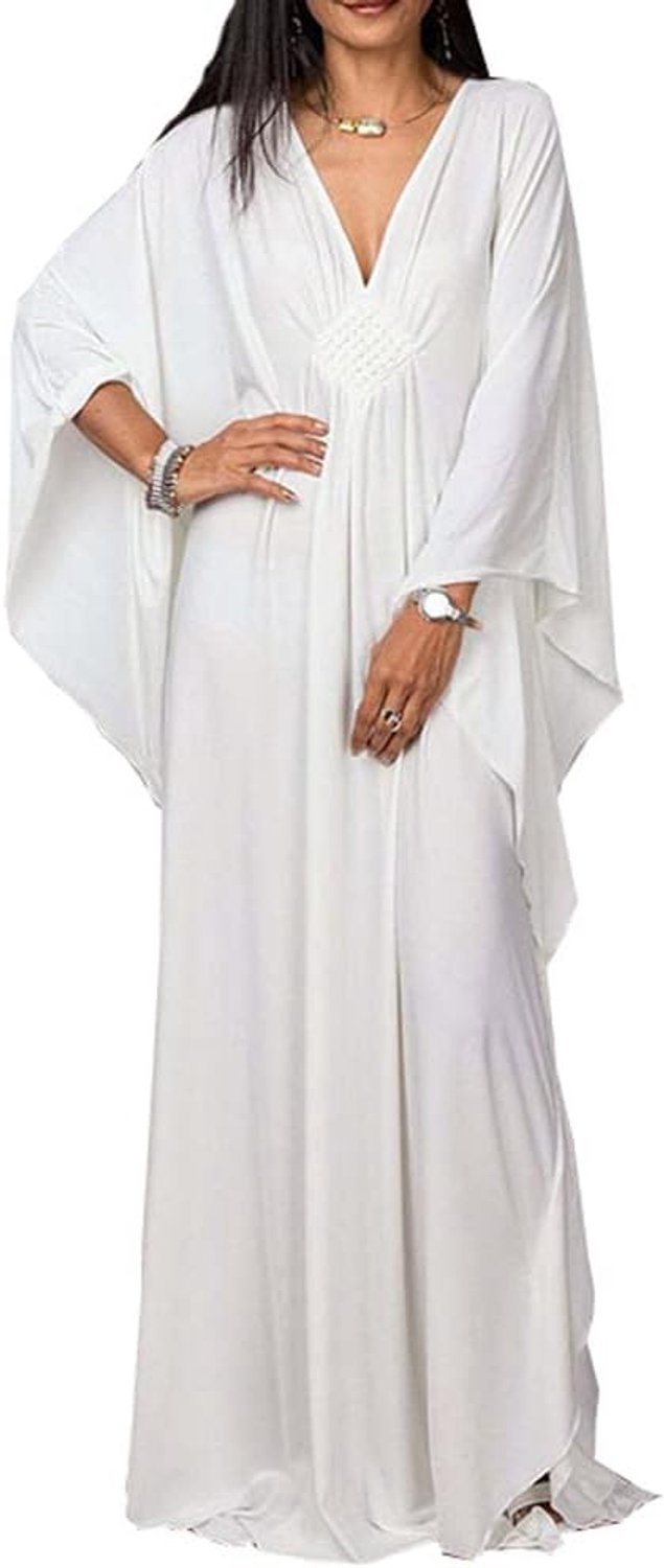Strandjurk voor dames, maxi-kimono, kaftan, lange bikini, cover-up, losse zomerjurk, strandponcho, tuniek, pareos, wit, Eén maat