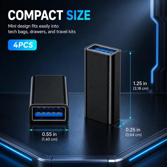 4 stuks USB-adapter vrouwelijk naar vrouwelijk, USB-A 3.0-koppeling voor kabelverlenging, aansluiting van twee mannelijke stekkers, duurzame en compacte aluminium behuizing voor computer, printer en — afbeelding 2