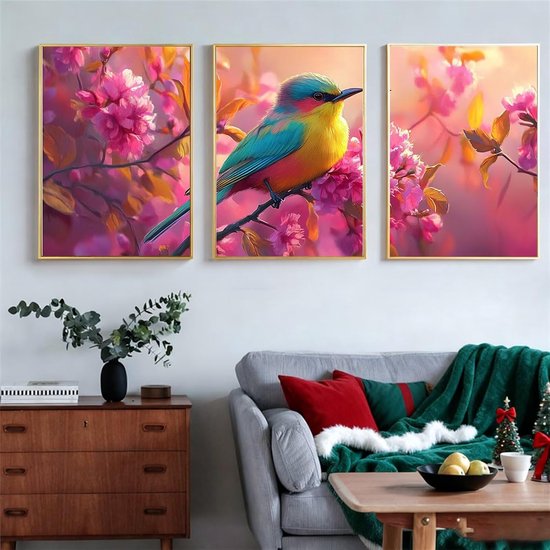 3 stuks moderne afbeeldingen bloemenprint op canvas met lijst, vogelmoderne afbeelding woonkamer poster, foto voor slaapkamer, woonkamer, keuken, eetkamer, bar decoratie, cadeaus voor dames, 45 x 70 — afbeelding 4