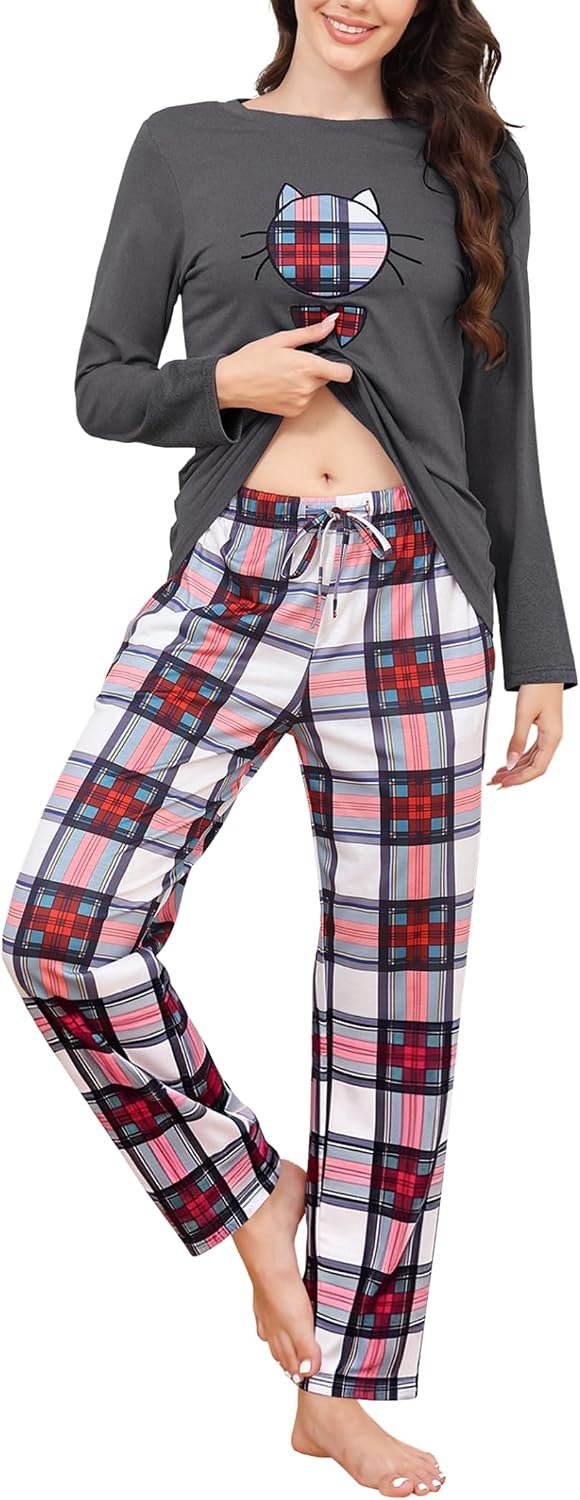 Pyjama Dames Lange Pyjama Katoenen Winter Pyjama Set Ronde Hals Top en Pyjamabroek Lange Mouwen Loungewear Nachtkleding Huispak Gezellig Vrijetijdspak