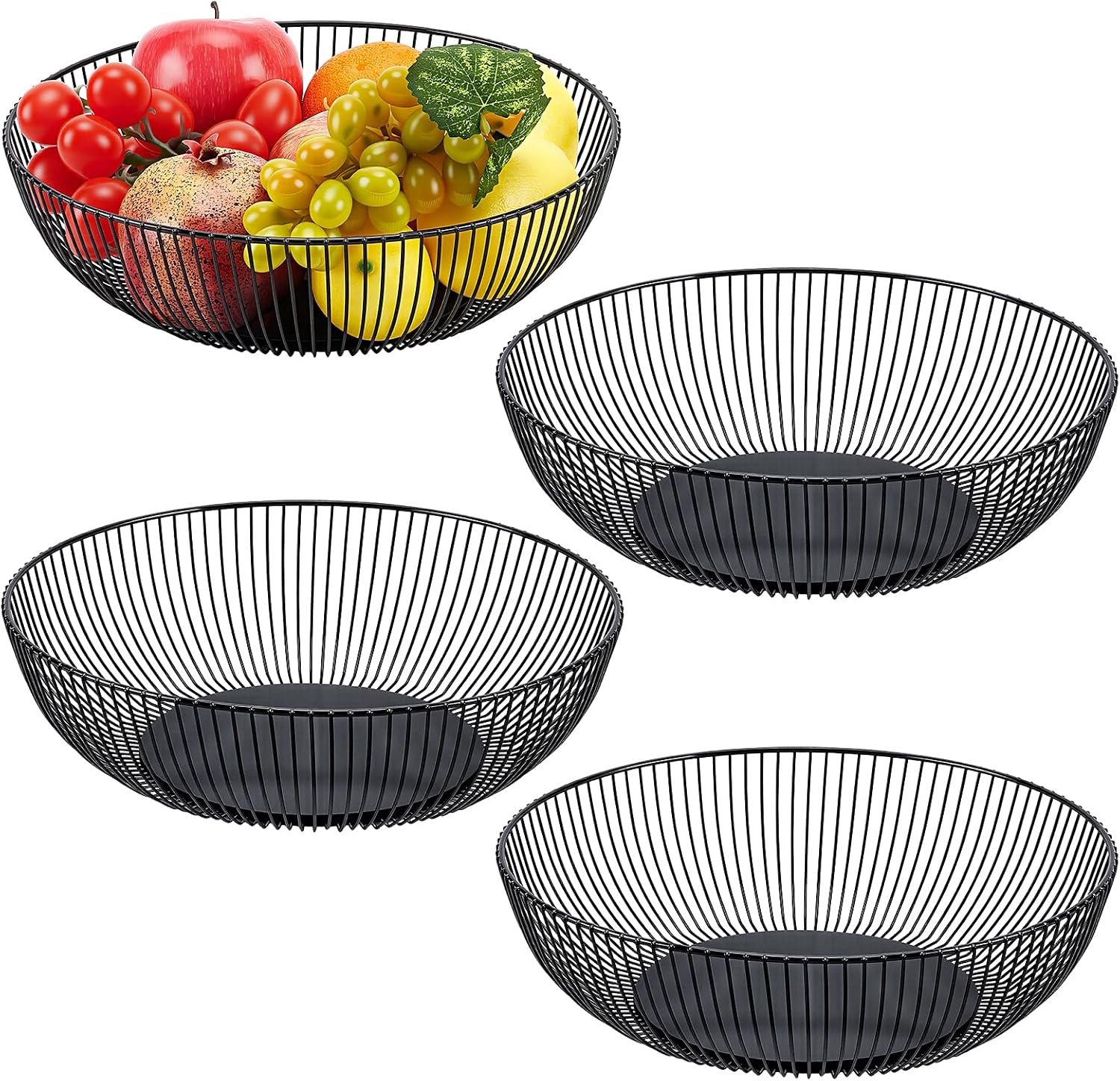 Set van 4 zwarte draadfruitmanden, rond, metaal, werkblad