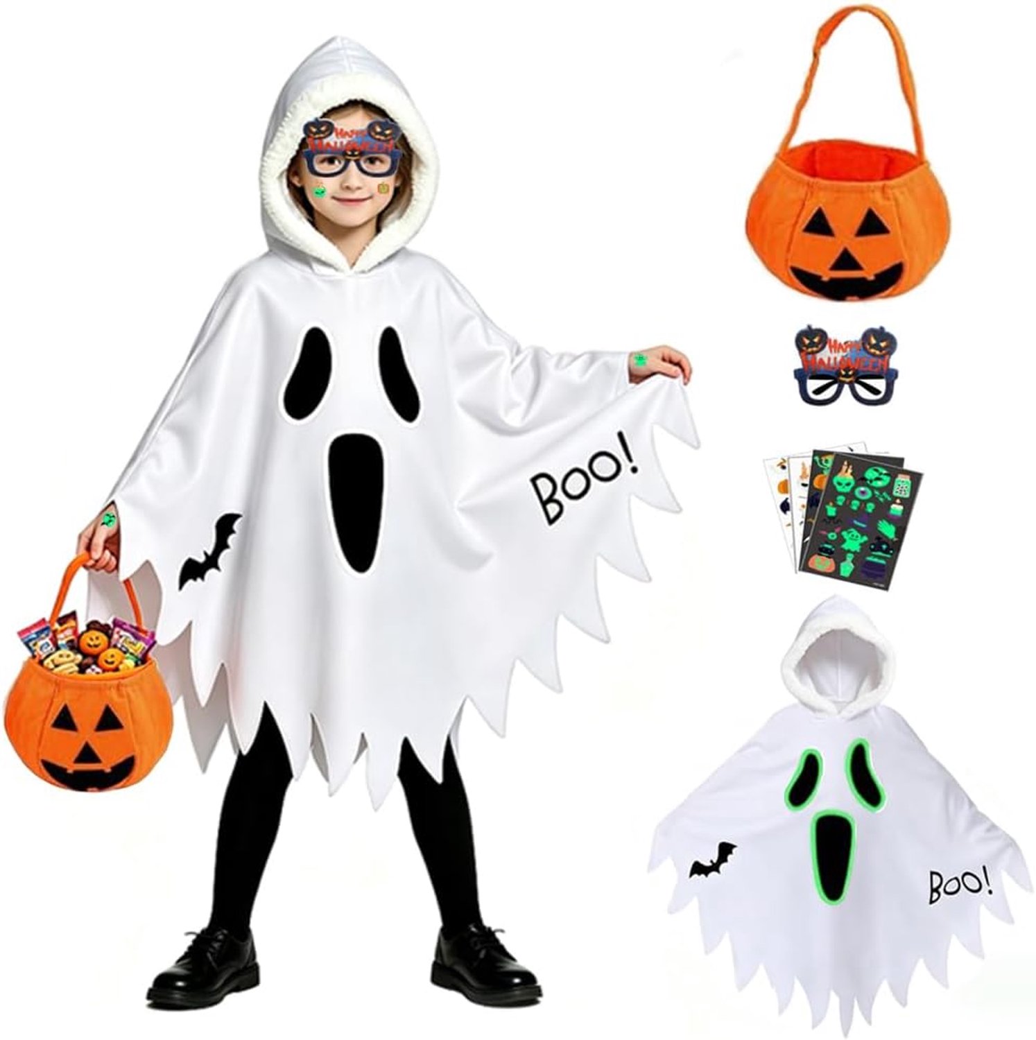 Halloweenkostuum voor kinderen, geestcape met capuchon en pompoenzak, Boo spookgezicht spookkostuums voor jongens en meisjes, voor Halloween, party, cosplay, L