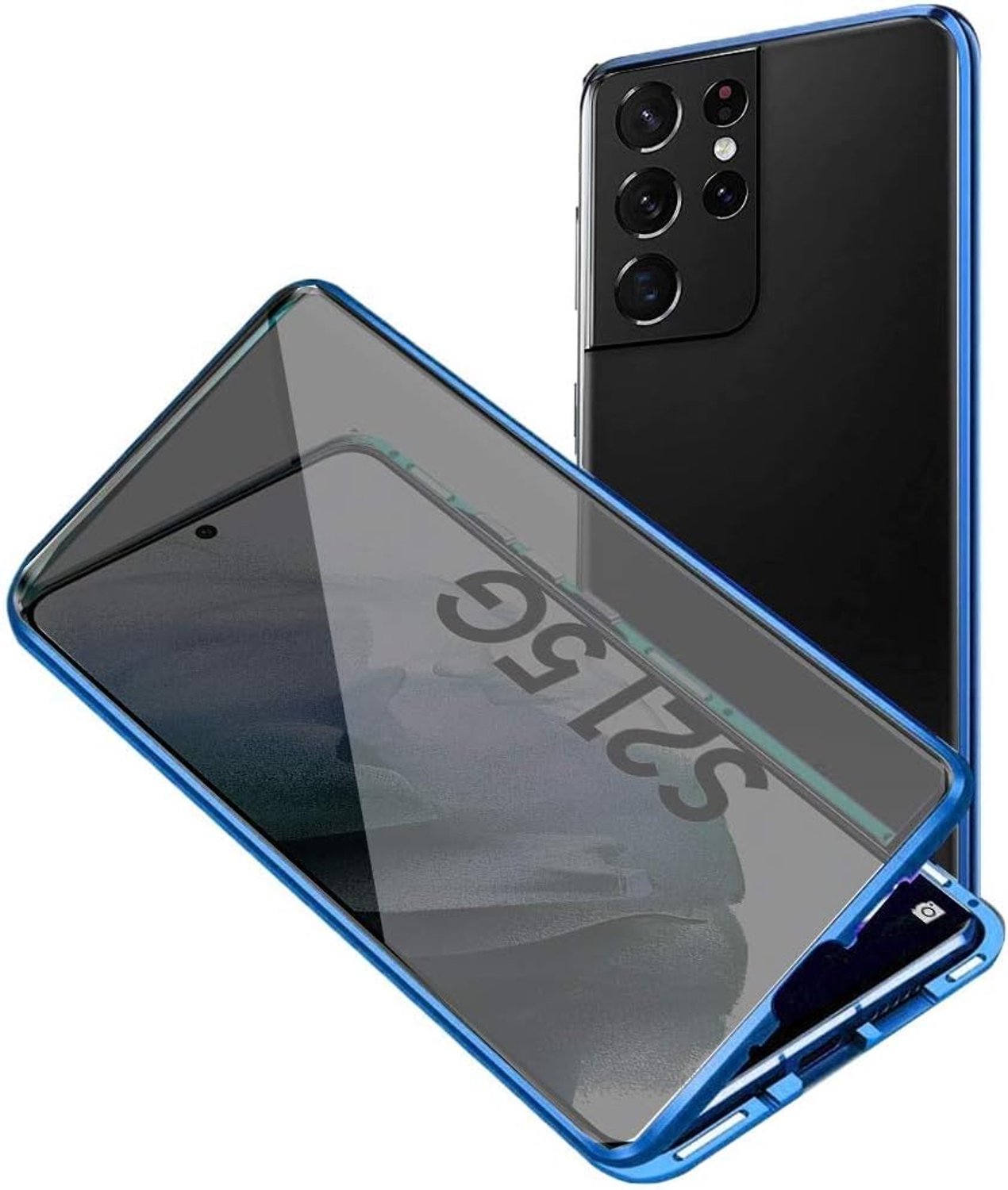 Anti-peep Magnetic Case for Samsung Galaxy S21 5G Cover Magnetic Adsorption Metal Frame Cover Double Tempered Glass Screen Privacy Protector 360 Degrees Protection Case Anti-Spy Flip Cover,Blue