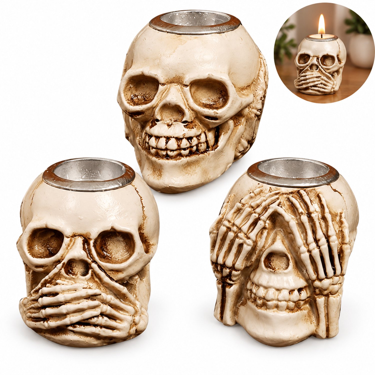 VHV - Halloween Decoratie Skelet Kandelaars Set - Horen Zien en Zwijgen Schedel Ornamenten - Kunsthars Gothic Woonaccessoires - Griezelige Tafeldecoratie - Wit 4.5x5cm