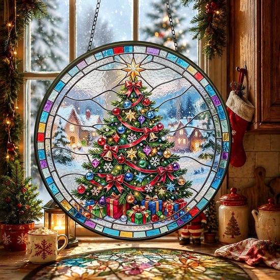 Bimkole Kerstboom Gekleurd Glas, Raamhanger Zonnevanger 20x20 cm A9 — afbeelding 2