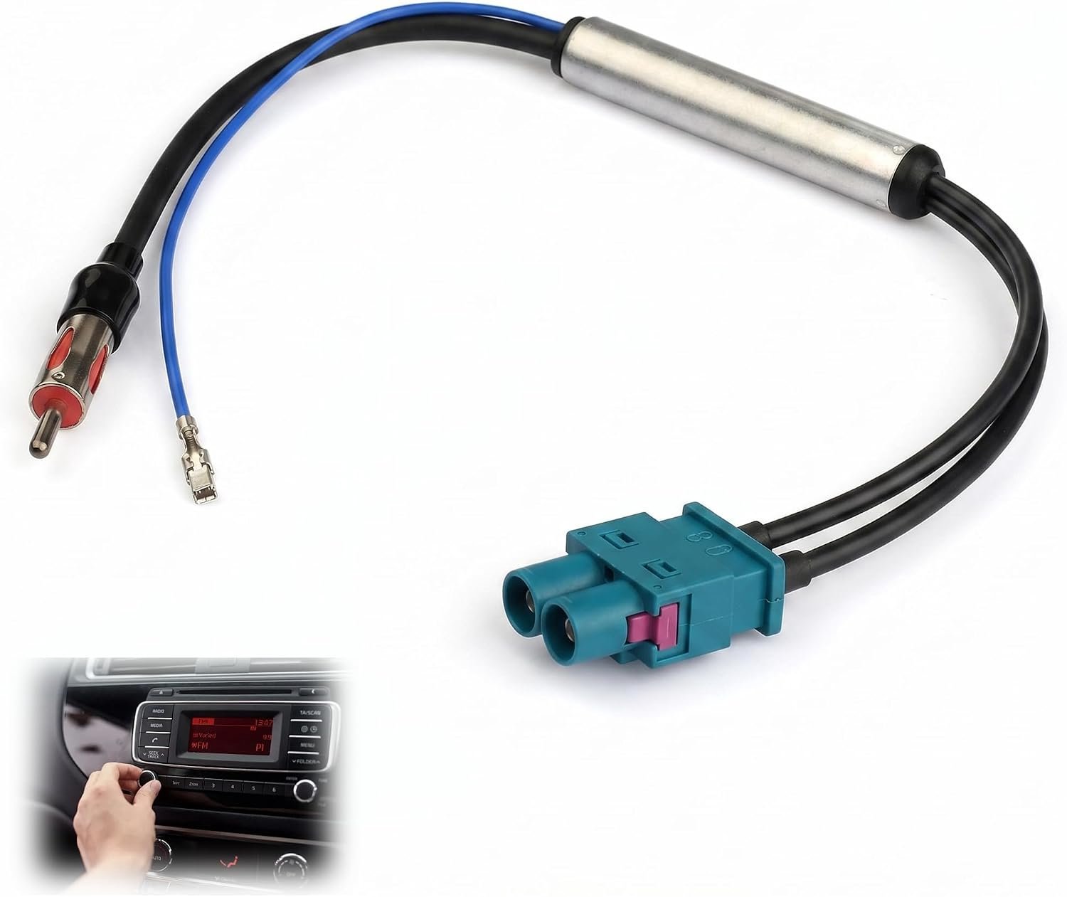 Dubbele Fakra-stekker naar DIN-adapter, universele FM/AM-antenneversterker voor de auto, verbetering van radiosignaal en ruisonderdrukking, voor VW Golf/Polo-autoradio/head-unit