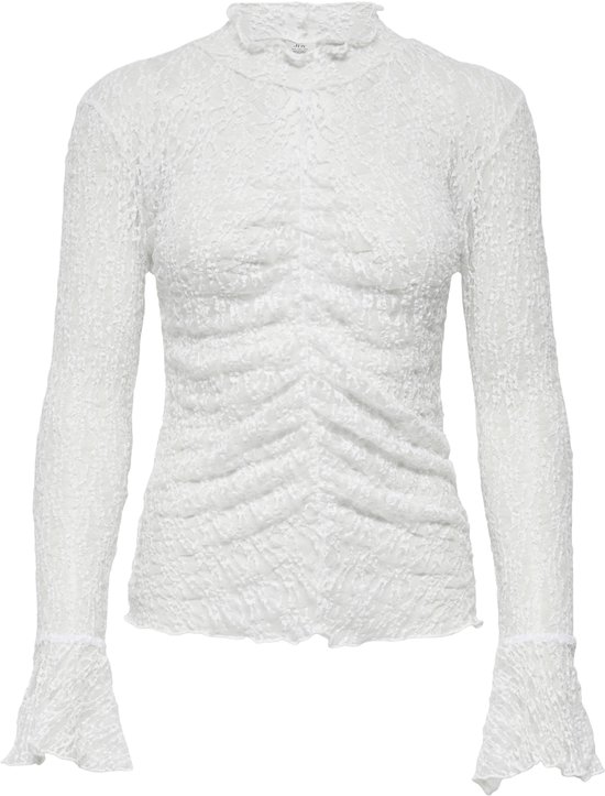 Witte kanten top met lange, uitlopende mouwen, rucheskraag en gedrapeerde voorkant.