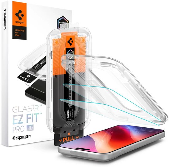 Een Spigen Glas.tR EZ Fit Pro HD schermprotector verpakking met een smartphone en installatiehouder.