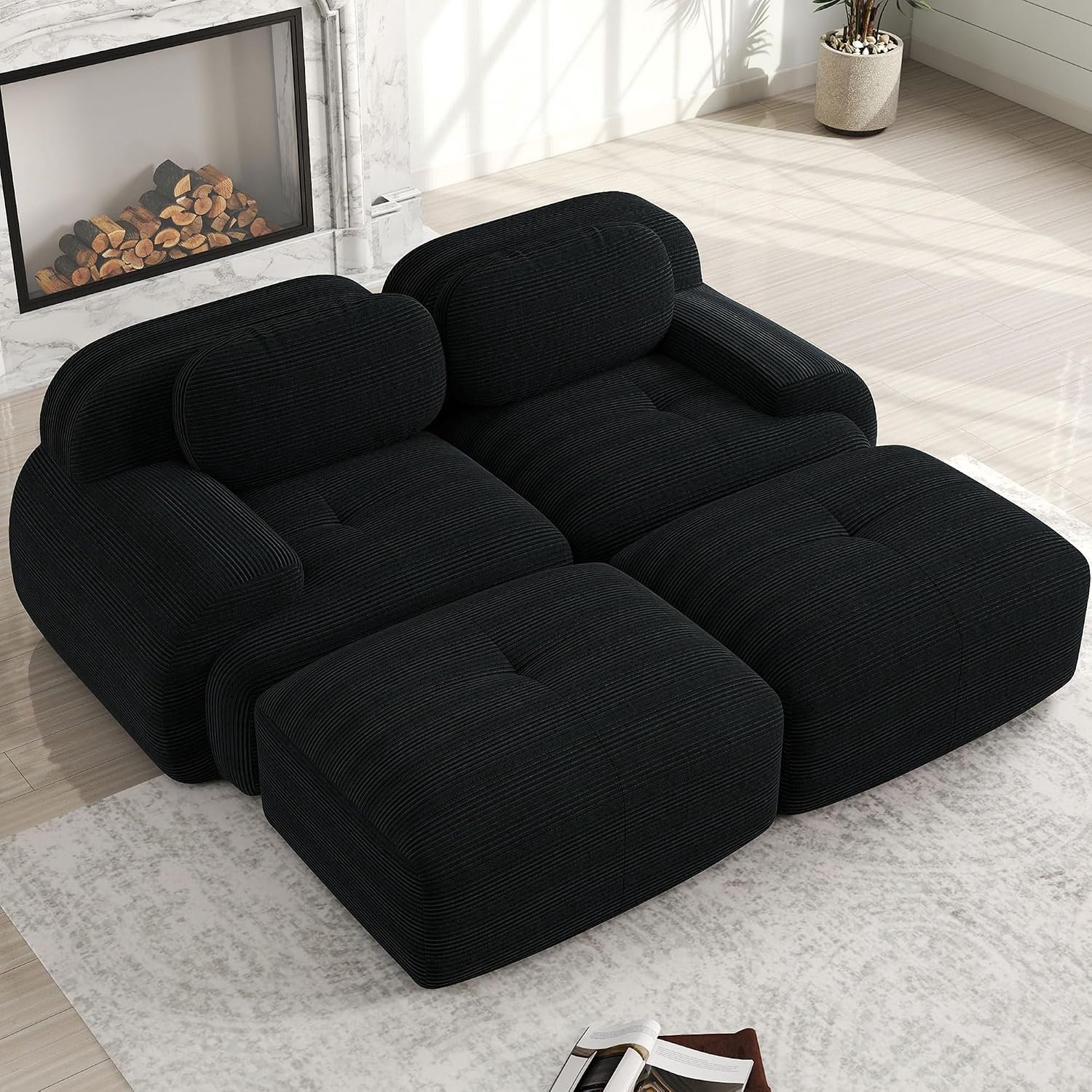 2-zitsbank met chaise longue van corduroy, modulaire frameloze loungebank met 32D koudschuim, ergonomische armleuningen en antislip onderkant, hoekbank voor woonkamer en slaapkamer, zwart