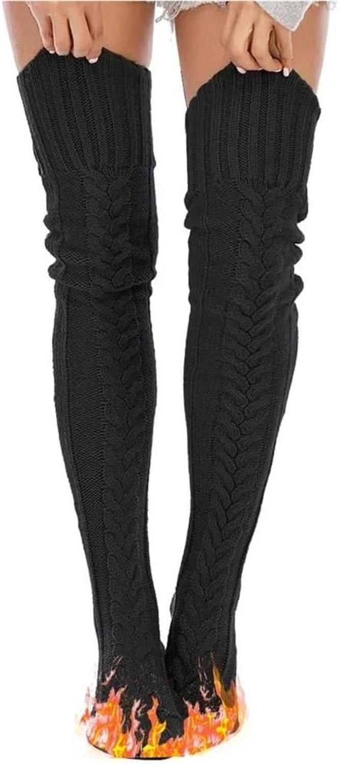 1 paar dames gebreide kabelkousen tot aan de dijen, extra lange winterkousen, overknee beenwarmers(Black)