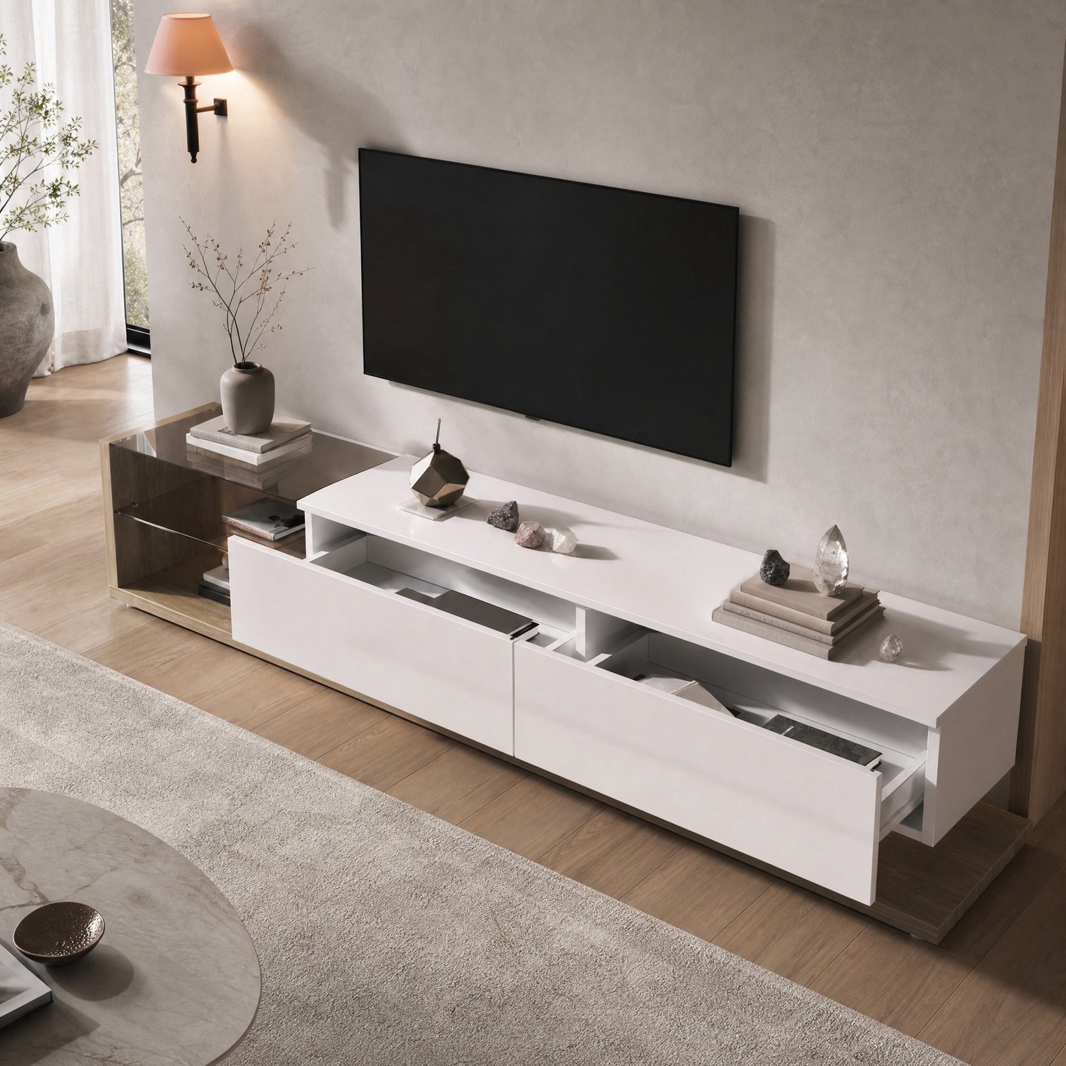 Maisentiel TV-meubel 170 cm - hoogglans wit en houtkleur - 2 lades en LED-verlichting