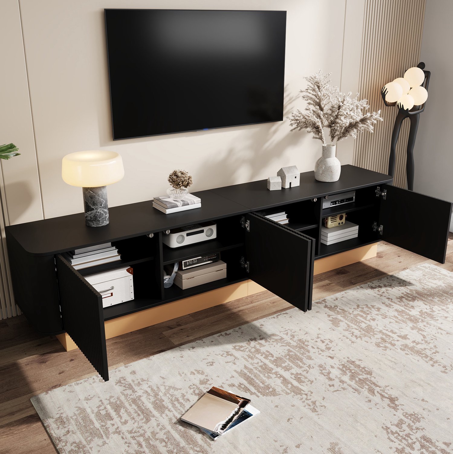 Maisentiel Tv-meubel 200 cm zwart MDF - 4 deuren, verstelbare planken en kabeldoorvoer