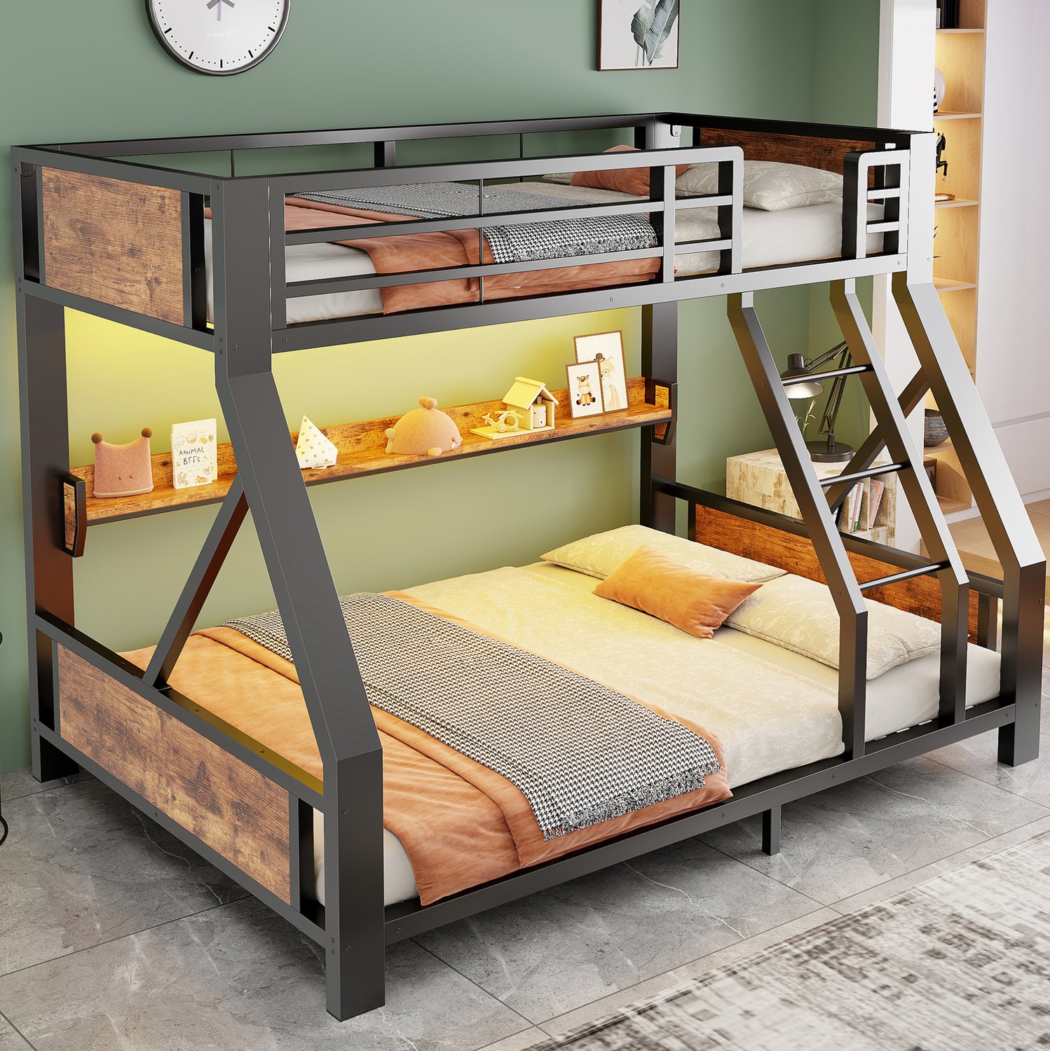 MODFU Stapelbed - Opbergvak En Ledverlichting - Metaal En Hout - Zwart - 90 X 200 En 140 X 200 Cm