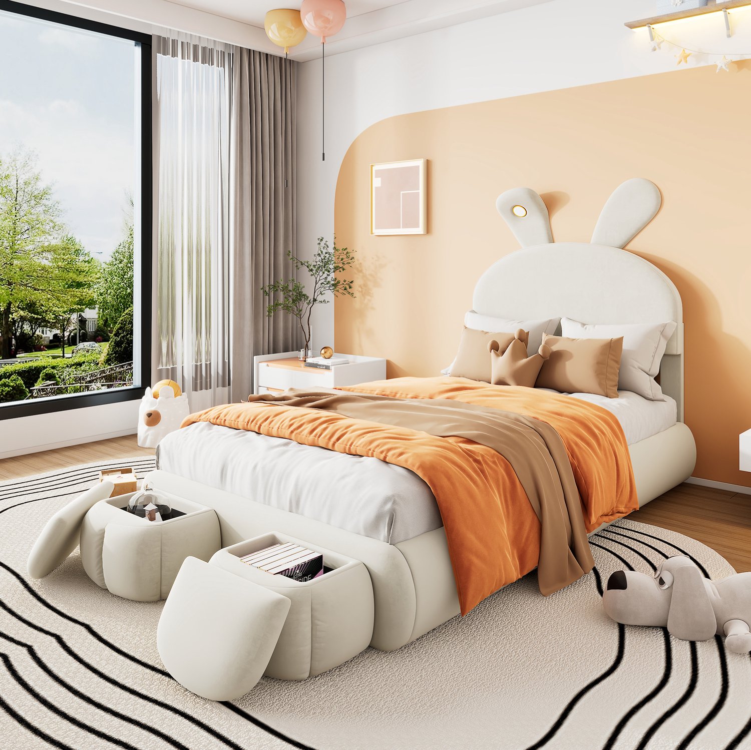 Maisentiel Beige velours kinderbed 90 x 200 cm met konijnenoren, ledlicht en opberghockers