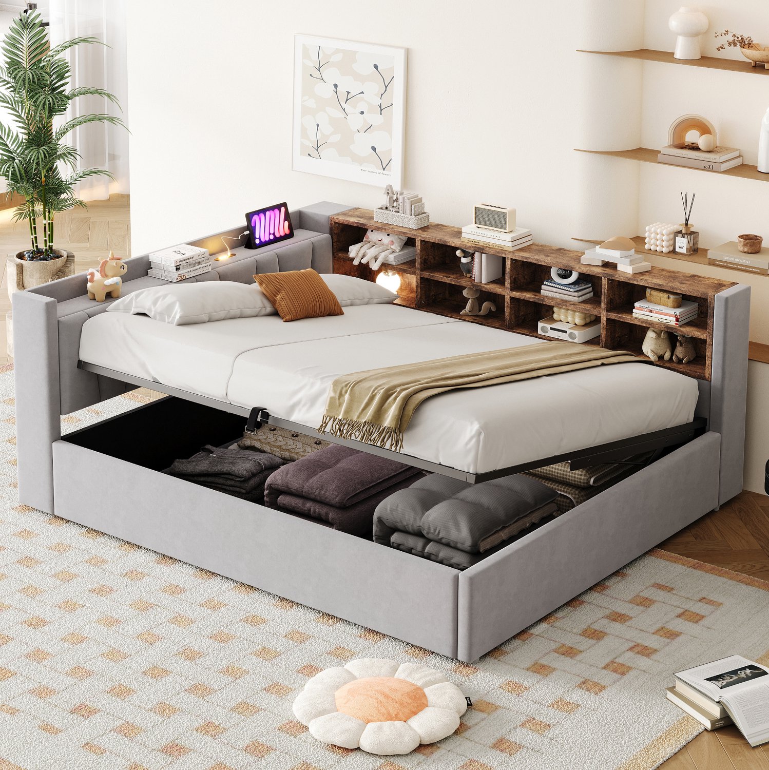 MODFU Gestoffeerd Bed - Hydraulische Opbergruimte - USB-C - Fluweel - Lichtgrijs - 140 X 200 Cm