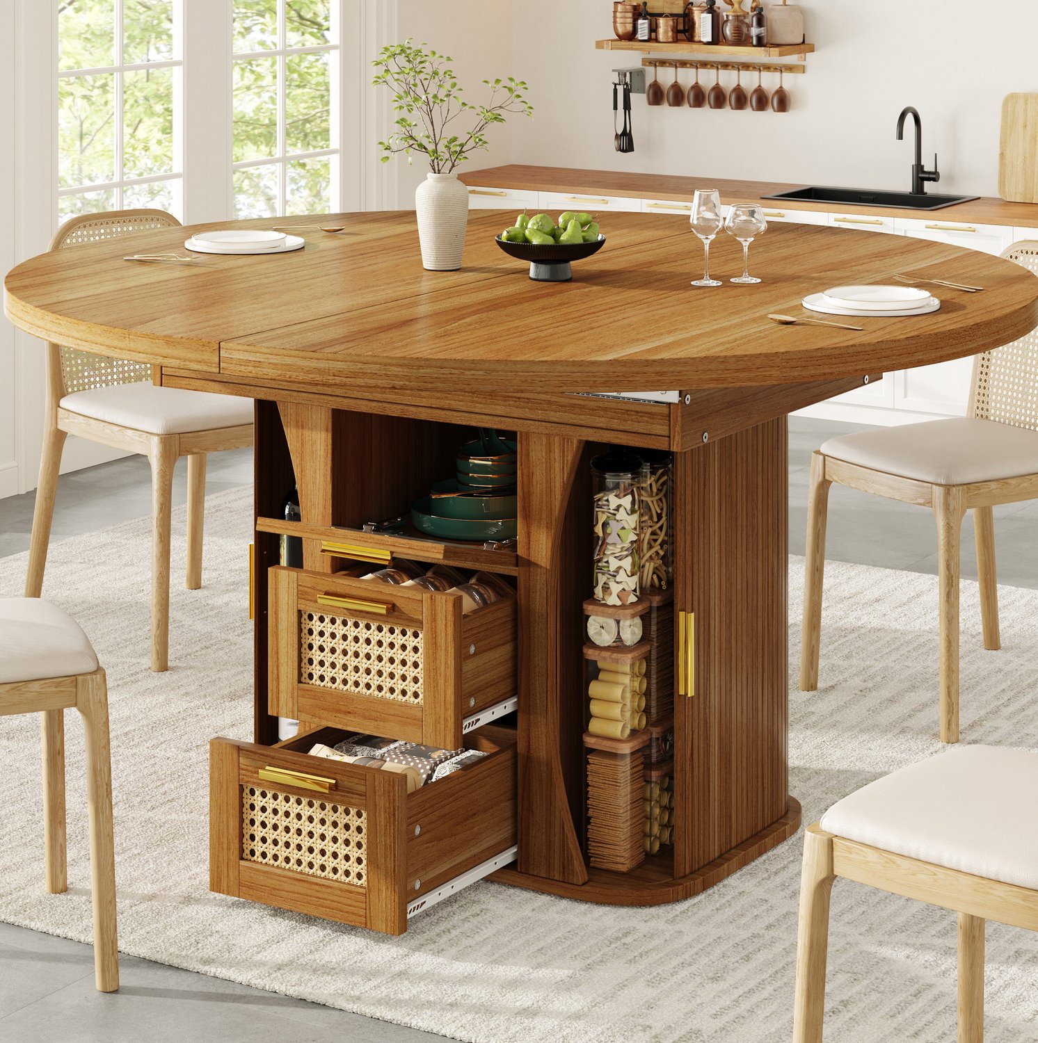 Maisentiel Uitschuifbare eettafel met lades – 118-158 x 118 cm – MDF – eikenlook Eikenlook, bruin