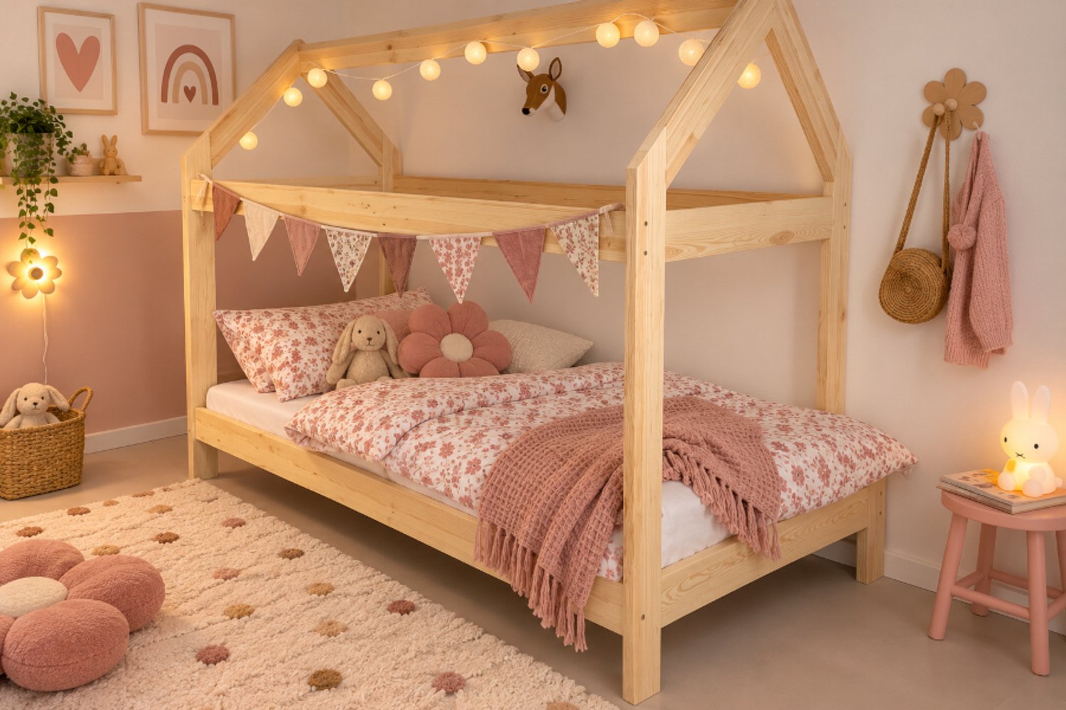Rockwood® Montessori Huisjesbed Bedhuisje Lief met lattenbodem, opberg/slaaplade en lade matras Naturel