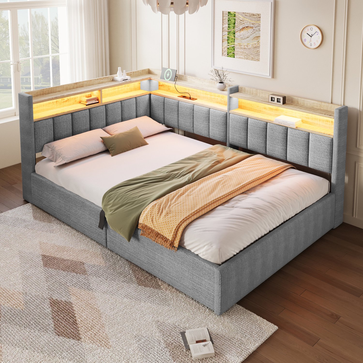 VVBV Gestoffeerd Dagbed 140x200 cm - Opbergbed met Hydrauliek - LED Verlichting & USB - Fluweel Grijs