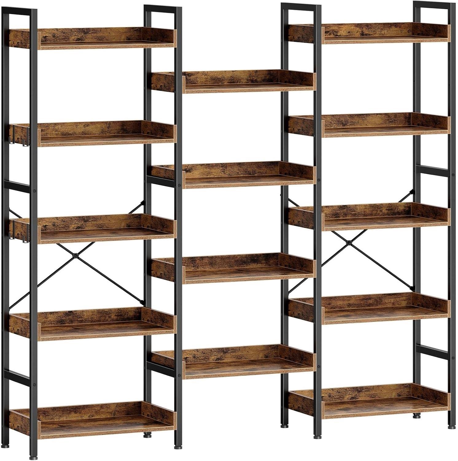 Danky Boekenkast Industrieel - 14 Open Vakken met 4 Haken - Flexibele 2-in-1 Montage - Stevig Metaal en Houtlook bruin