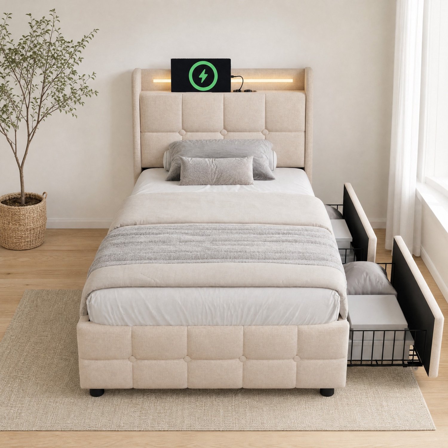 Maisentiel Eenpersoonsbed 90 x 200 cm beige met 2 lades, LED-verlichting en USB
