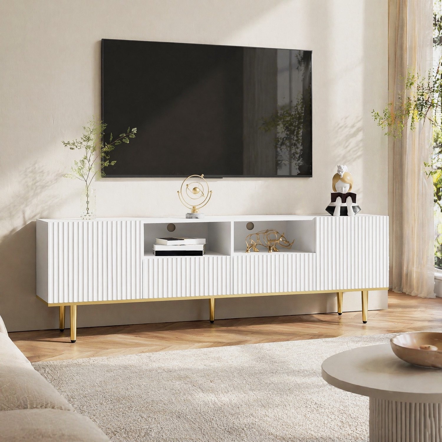 Maisentiel TV-meubel van spaanplaat - wit met goudkleurige poten - 165 cm - 2 lades Wit en goud