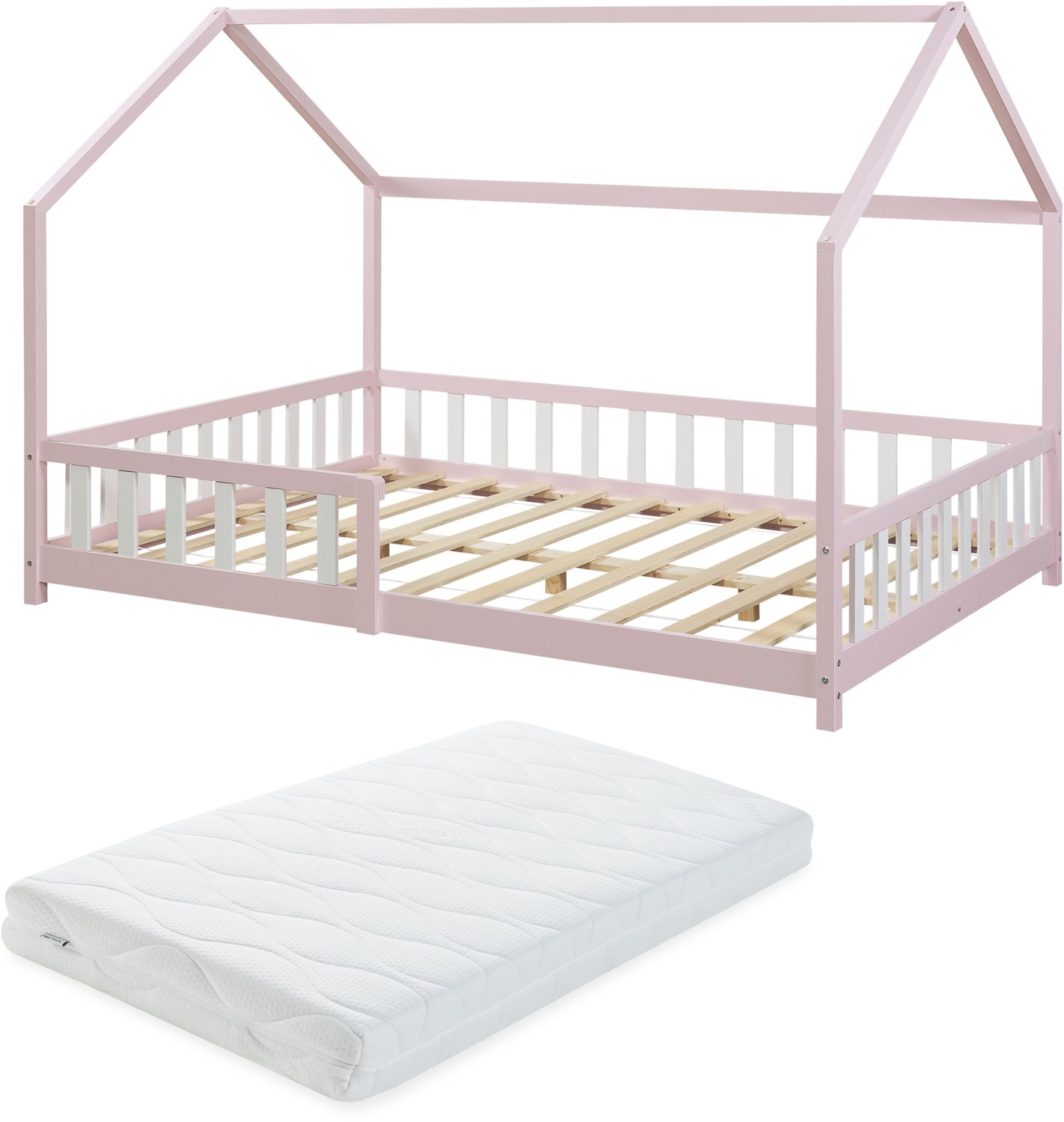 en.casa Montessori bed Hesel met valbeveiliging en matras 120x200 cm roze [en.casa]