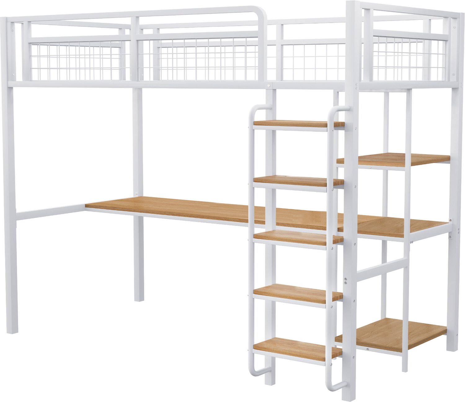 MUVANO Hoogslaper - Eenpersoons kinderbed met bureau en opbergplanken - Metaal - 90x200 cm - Ladder met brede treden - Met uitvalbeveiliging - Wit