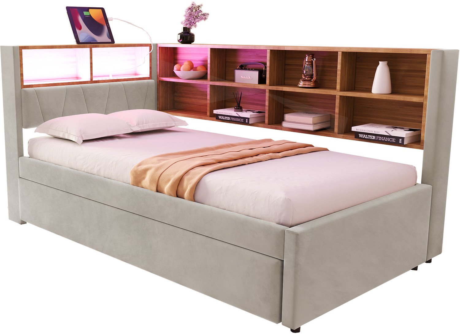 MUVANO Slaapbank 90 x 200 cm - Uitschuifbed 90 x 190 cm - Ledverlichting, USB-C en stopcontact - Opbergvakken - Flanellen bekleding - Lichtgrijs