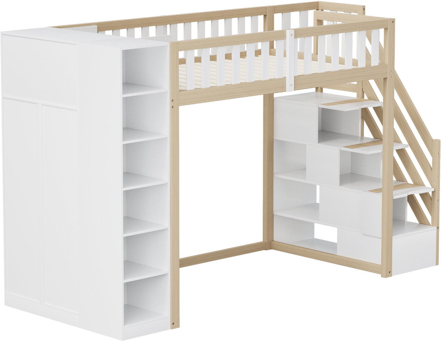 MUVANO Hoogslaper 90x200 met kledingkast - Kinderbed met opbergtrap en planken - Grenenhout, multiplex en MDF - Lattenbodem - Wit en naturel houtkleur