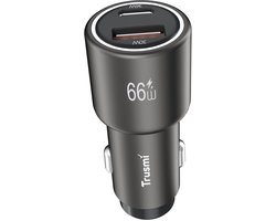 TRUSMI 66W Autolader USB-A + USB-C - Snellader Auto - PD & Quick Charge - 12V/24V Sigarettenaansteker - Metaal - Grijs