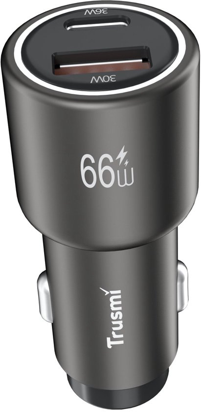 Trusmi autolader in het zwart met 66W opdruk, voorzien van een USB-C en USB-A poort aan de bovenzijde.