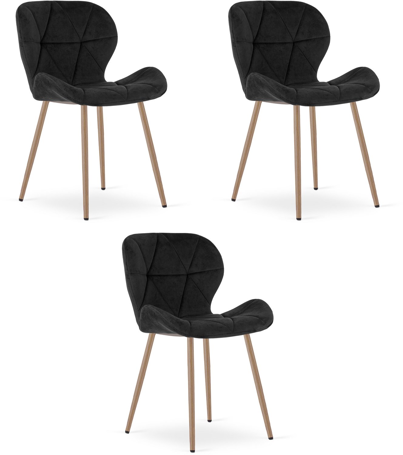 Oskar MANGO Eetkamerstoelen – Set van 3 – Zwart Velvet – Metalen Poten in Eikenlook – Comfortabele Gestoffeerde Zitting – Modern Design – Velvet Stoel voor Woonkamer, Keuken en Eetkamer – Max. 110 kg per Stoel