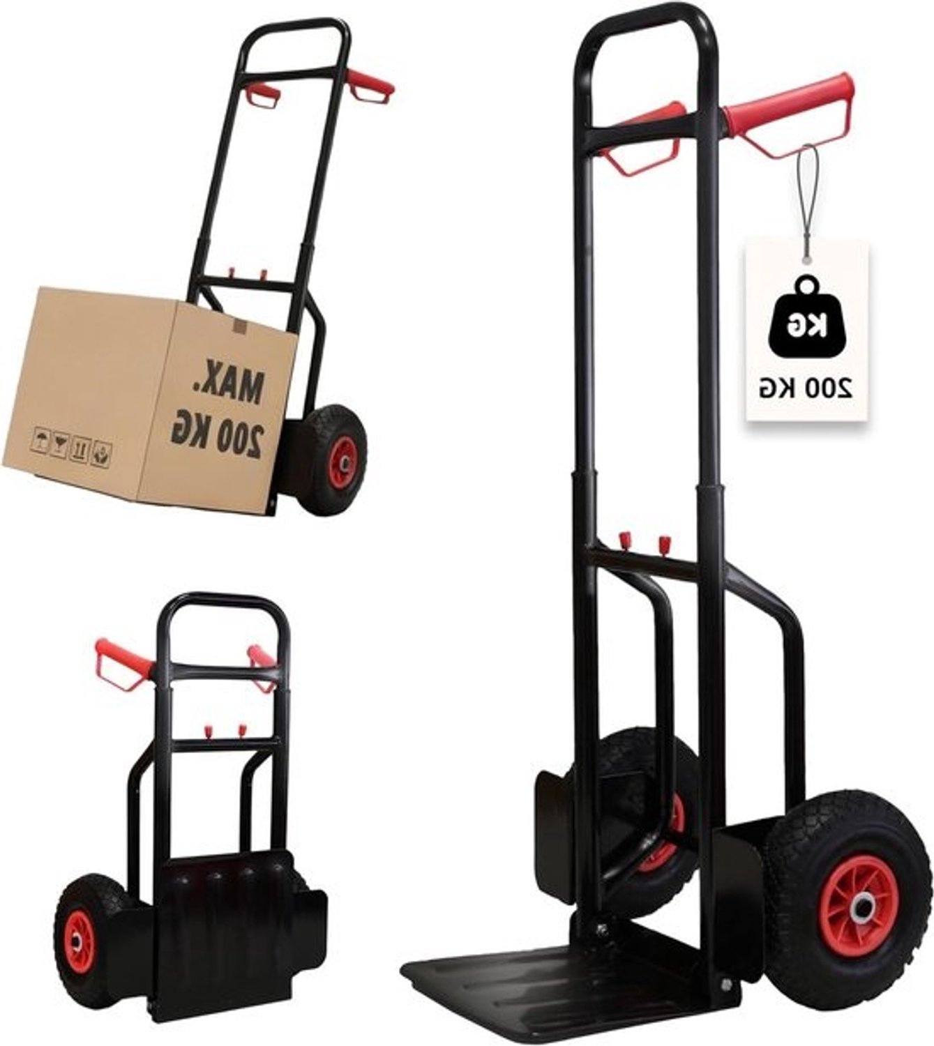 Inklapbare steekwagen - Opvouwbare transportwagen - Voor zwaar werk - Luchtbanden, stevig staal - 200 kg - Zilver